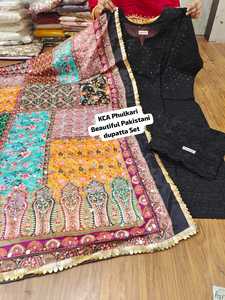 Phulkari Silk Dupatta Set Ethnic Shawl and <b>Top</b> with Floral Embroidery Mirror Work Women's Festival Wear <b>One</b> Set - Product Image 5