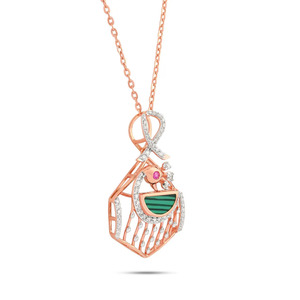 Collier avec pendentif en plumes de paon, malachite et pierres de rubis, serti de diamants - Product Image 1