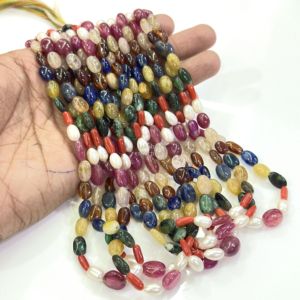 AAA Nine Precious Gemstone Emerald Sapphire Ruby Coral Pearl <b>Garnet</b> Beads Natural Navratan Smooth Oval 5x7mm Beads 16inch Strand - Product Image 3