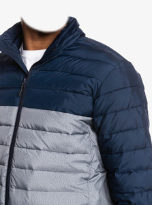 Men's <b>Navy</b> <b>Blue</b> Gray Color Blocking Puffer <b>Jacket</b> Stand Collar Zipper Closure Casual Windproof Autumn Outerwear Regular Fit - Product Image 3