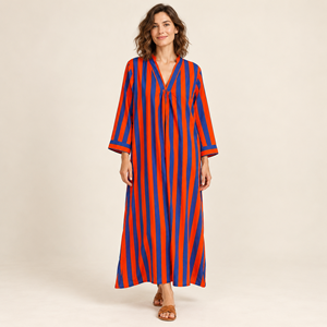 Striped V-Neck Maxi Kaftan <b>Dress</b> <b>Loose</b> Fit Three Quarter Sleeve Summer Casual Woven Polyester Long <b>Dress</b> - Product Image 1