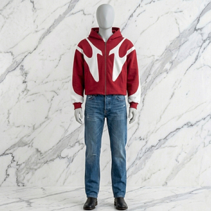 Veste bomber à capuche noire et crème pour homme, style streetwear, avec empiècements contrastés et fermeture éclair, vêtement d'extérieur tendance unisexe. - Product Image 6