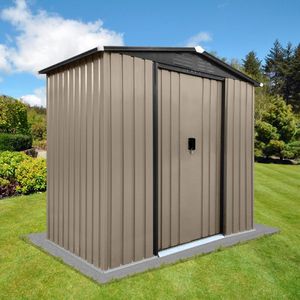 4FTx6FT เก็บของกลางแจ้งพร้อมหลังคาเอเพ็กซ์และประตูบานเลื่อนสีน้ำตาลทนทานและมีสไตล์เพิงและโซลูชันการจัดเก็บ - Product Image 5
