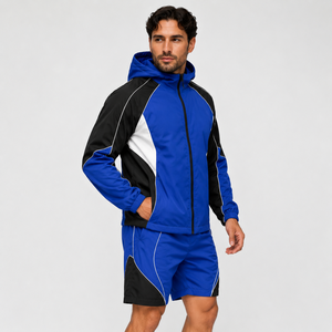 Ensemble de survêtement sportif pour homme, veste à capuche et short, bleu et noir, imperméable, séchage rapide, polyester, vêtements de sport pour le printemps - Product Image 3