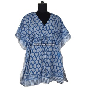 Hand Block Printed Cotton Kaftan Handmade Indian Abaya Kaftan KFCS019 Maxi Design with Short Sleeves XL Size Dubai Fashion Style - Product Image 6