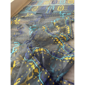 Sari Jamdani en coton pour femme, longueur standard, style traditionnel ethnique bangladais, pour mariage et fêtes, bleu avec motifs colorés - Product Image 1