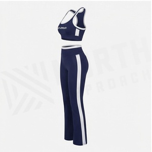 North Approach 2 Piece Yoga Set Racerback Crop Top Full Length Pants Solid Navy Contrast Binding Breathable Women's Sportswear - Product Image 3