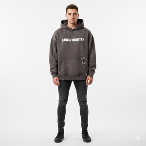 Sudadera con capucha pesada para hombre RANZIA OEM ODM personalizada con cremallera, lavado ácido desgastado, corte y costura, pedrería, impresión DTG - Product Image 1