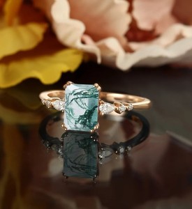 Emerald Cut <b>Moss</b> <b>Agate</b> Bridal Engagement <b>Ring</b> in 925 Silver Luxury Vintage Nature Inspired Wedding & Party Jewelry Gift - Product Image 1