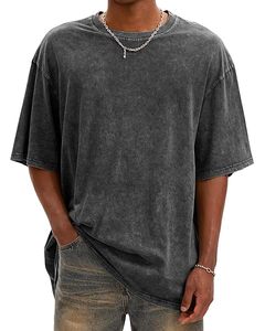 Camiseta de Jersey de Poliéster Lavado para Hombre, Talla Grande, Cuello Redondo, Manga Corta, Color Sólido, Corte Casual, Largo Regular, Estampado Frontal - Product Image 4