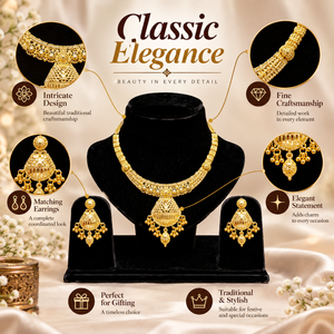 Graceful Necklace Earrings <b>Set</b> for Women | Indian <b>Bridal</b> Party Wear <b>Jewelry</b> | 24K Gold Finish Copper Brass Designer Necklace <b>set</b> - Product Image 5