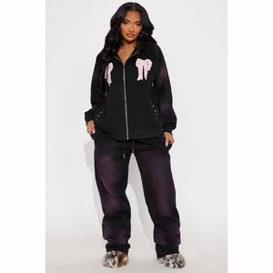 <b>Women's</b> Black Hooded Zip-Up Sweatshirt <b>Set</b> With Pink Bow Print Loose Joggers Full Length Fleece 2 Piece Casual All Seasons - Product Image 6