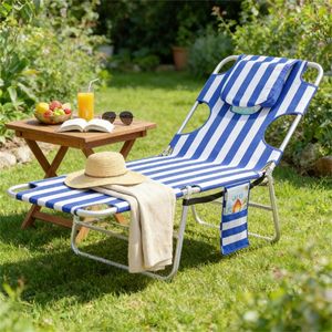 Sdraio da Esterno Regolabile con Strisce Blu, Poltrona Prendisole Blu - Product Image 1
