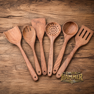 Juego de utensilios de cocina de madera natural de 6 piezas, juego de cubiertos rústicos hechos a mano con espátula, cucharas, espátula ranurada y - Product Image 3
