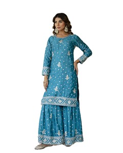 Ensemble Salwar Kameez en soie brodée bleue avec dupatta pour femme, tenue traditionnelle indienne pour mariage, coupe régulière longueur entière - Product Image 4