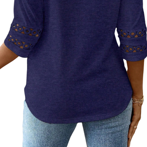 Chemise décontractée pour femmes à manches longues et col rond, coupe ajustée, avec bordure en dentelle, pour un usage quotidien, en polyester/coton - Product Image 5