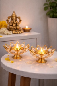 Porte-bougie en métal Crystal Lotus Diya, forme ronde, art populaire, lampe élégante, décoration d'intérieur, temple, Puja, festival, décoration de mariage - Product Image 5