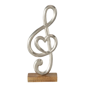 ประติมากรรมรูปหัวใจพร้อมเครื่องหมายดนตรี Treble Clef สีเงินสุดหรู ทำจากโลหะทันสมัย ตั้งบนฐานไม้ ของตกแต่งดนตรีสร้างสรรค์สำหรับสตูดิโอและบ้าน - Product Image 1