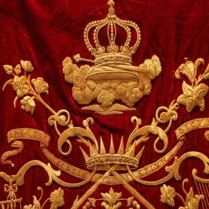 Custom Red Velvet Sew-On 3D Embroidered Religious <b>Banner</b> Crown and Harp Gold Christian Procession <b>Banner</b> - Product Image 2