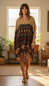 ชุดเดรสผ้าฝ้ายทำมือแบบสั้น |   ชุดคาฟทันสไตล์โบฮีเมียนสำหรับผู้หญิง |   ชุดคลุมชายหาดลายพิมพ์อินเดีย |   เสื้อคลุมฤดูร้อนทรงหลวม - Product Image 6