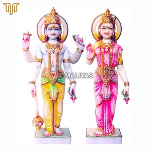 Statue de Laxmi Narayan en marbre |   Murti artisanal Vishnu Lakshmi, couple debout, avec travail en or |   MALIYAS Jaipur - Product Image 2