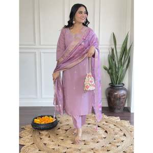 DESIGNER <b>VISCOSE</b> CHANDERI EMBROIDERY SEQUENCE WORK <b>TOP</b> BOTTOM WITH DUPATTA - Product Image 1