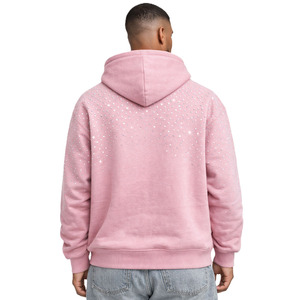 เสื้อฮู้ดดี้ประดับเพชรเทียมสำหรับผู้ชาย ผ้าฝ้ายฟลีซ สตรีทแวร์ แต่งดีเทลวิบวับ รับทำโลโก้ ทรงโอเวอร์ไซส์ ขายส่ง MOQ ต่ำ - Product Image 3