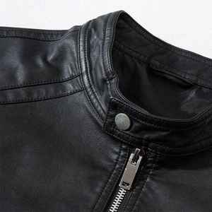 Veste en cuir véritable pour homme, col montant, fermeture éclair, coupe ajustée, style motard, vêtement d'hiver, imperméable et coupe-vent - Product Image 4