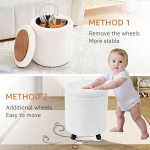 Sgabello Multifunzionale in Velluto Teddy con Ruote, Poggiapiedi Contenitore e Tavolino da Caffè Integrato - Pouf e Sgabelli con Ruote - Product Image 4