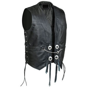Gilet en cuir véritable pour homme, col en V, style motard avec chaîne décorative, longueur standard, vêtement d'extérieur, gilet en cuir pour homme, vente en gros - Product Image 1