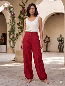 Women's High Waist Wide Leg Red Harem <b>Pants</b> 100% Cotton Loose Fit Full Length Button Regular Fit Casual <b>Summer</b> Style - Product Image 6