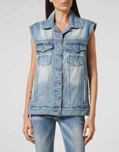 Classic Button-Down Slim Fit Denim Vest | Women's Versatile Sleeveless <b>Jacket</b> | Stretch Denim Waistcoat for Casual Wear - Product Image 2