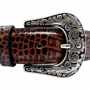 Ceinture en cuir PU pour homme, style western, avec boucle ardillon en alliage, motif crocodile gaufré, marron orné, vintage, style cowboy, accessoires décontractés, vente en gros - Product Image 5
