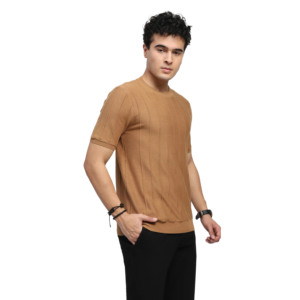 Men's O-Neck Short Sleeve Knitted T-Shirt Regular Fit Heavyweight Solid Color Casual Wear <b>Brown</b> T-Shirt - Product Image 2