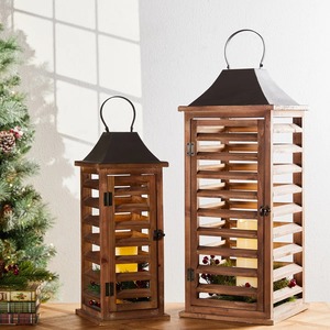 Wooden Square <b>Lanterns</b> With Metal Roof For Christmas Home Decoration - Product Image 3