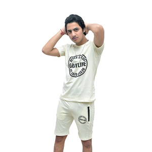 Customized Wholesale Summer Acid Wash Solid Men's 100% Cotton Lightweight T-Shirt Sweatshirt & Shorts Set with Screen Print - Product Image 1