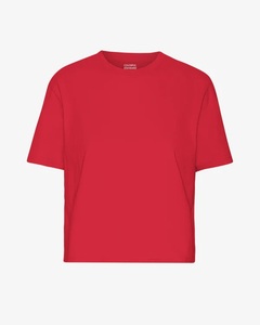 T-shirt court ample à col rond et manches courtes pour femme, rouge écarlate uni, décontracté, doux, 100 % coton, coupe ample S/J, toutes saisons - Product Image 1