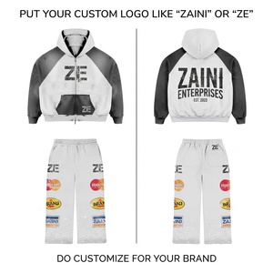<b>Men</b> Premium 320 GSM Cotton Fleece Tracksuit White Black Color Block Raglan Custom Logo Screen Print Sublimated Hoodie <b>Pant</b> Set - Product Image 1
