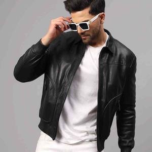 Blouson de motard en cuir premium, style vintage, décontracté, pour l'hiver, vêtement d'extérieur durable, élégant, confortable, avec logo frontal - Product Image 1