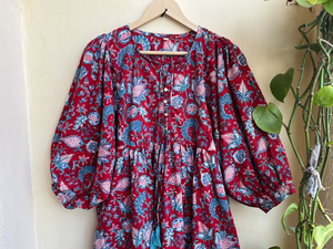 Vestido bohemio largo de algodón con estampado floral hecho a mano, vestido indio de algodón, manga larga, estampado floral, ropa informal, vestido largo maxi. - Product Image 2