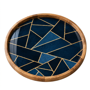 Plateau de service rond en bois fait main avec incrustation dorée et mosaïque géométrique en émail bleu – Vente en gros, personnalisable OEM/ODM - Product Image 1