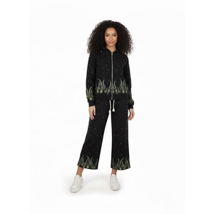 Conjunto Deportivo Negro con Capucha para Mujer, con Estampado de Llamas y Puntos, Cierre de Cremallera en Manga Larga, Pantalones Holgados Casuales, Ropa de Otoño - Product Image 1