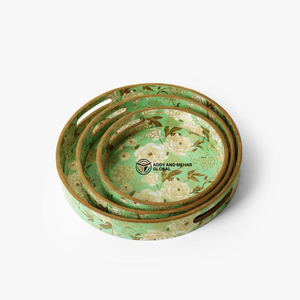 ชุดถาดเสิร์ฟตกแต่ง MDF 3 ชิ้น เคลือบเงาอย่างดี ลายพิมพ์ดอกไม้และนก ถาดไม้หรูหราสำหรับวางบนออตโตมัน - Product Image 1