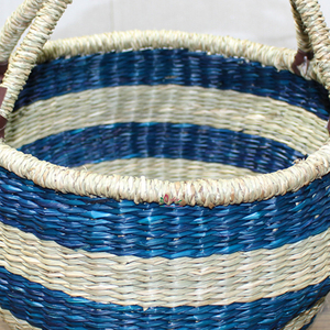 Rustic Natural Rattan Storage Basket With Handle <b>Blue</b> And Cream Striped Bowl Shape Multi Purpose - Product Image 4