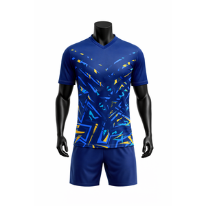 Ensemble de maillot de football pour homme, imprimé géométrique bleu, manches courtes, col rond, polyester respirant, coupe athlétique, toutes saisons, personnalisable - Product Image 1