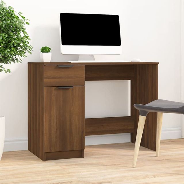 Compact Rectangular Computer Desk Engineered Wood Brown Modern Home Office Furniture