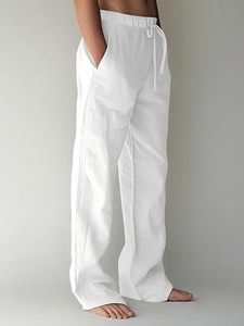 Pantalon large blanc pour homme, taille élastique, en coton, décontracté, pour l'été, avec poches latérales, léger et respirant - Product Image 2
