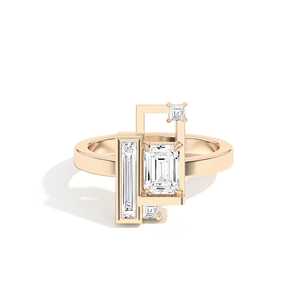 Bague de fiançailles géométrique en or massif 14k 18k avec diamant de laboratoire émeraude 0,8 ct et accents baguette, sertie clos, bijoux de mariage - Product Image 1