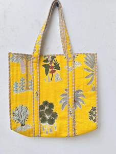 Sac fourre-tout en coton Kantha matelassé jaune de qualité supérieure avec fermeture éclair, style bohème, sac à bandoulière pour femmes - Product Image 3