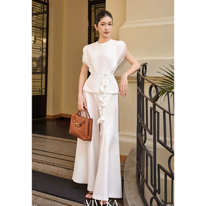 Women's Modern Elegant <b>White</b> High Waist Wide Flared Leg Full Length Loose Fit Zipper Fly Autumn Casual Office Pants MARINA - Product Image 2